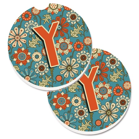 Carolines Treasures Letter Y Flowers Retro Blue Set of 2 Cup Holder Car Coaster CJ2012-YCARC